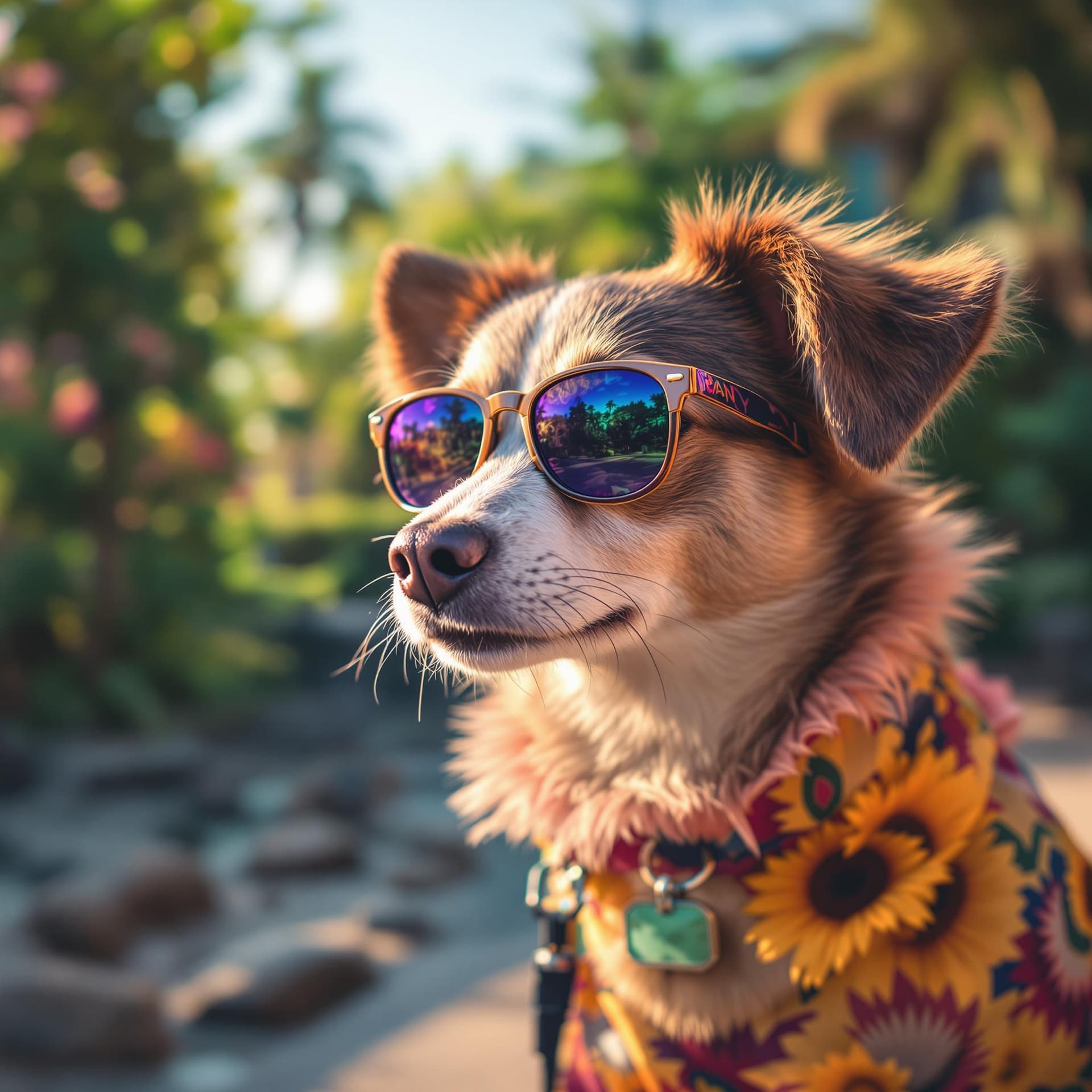 AI generated: shot of vaporwave cute fashion dog in Hawaii looking into camera