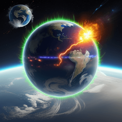 AI generated: A god creating a energy barrier to protect the Earth from a fire Meteor