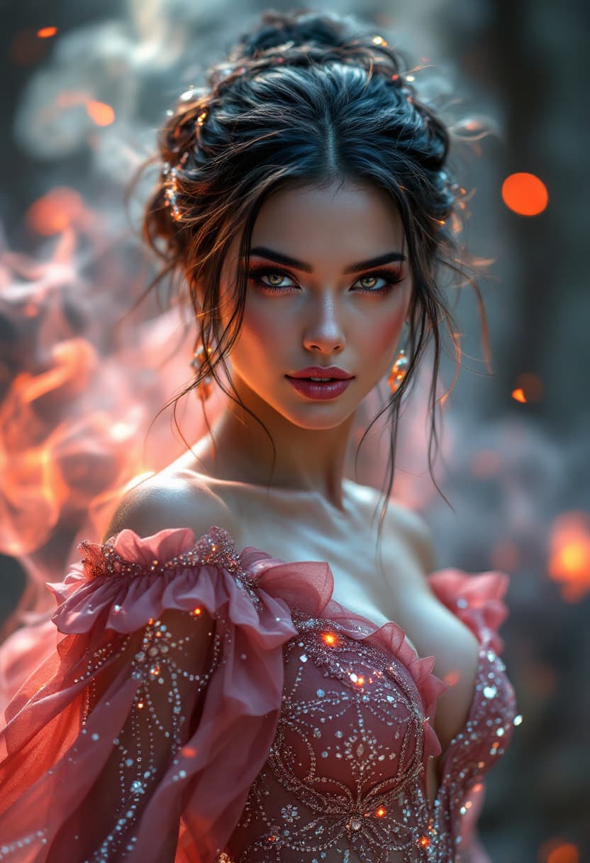 AI generated: In the center of the frame stands a sultry divine element, her skin aglow with ethereal light, her e...