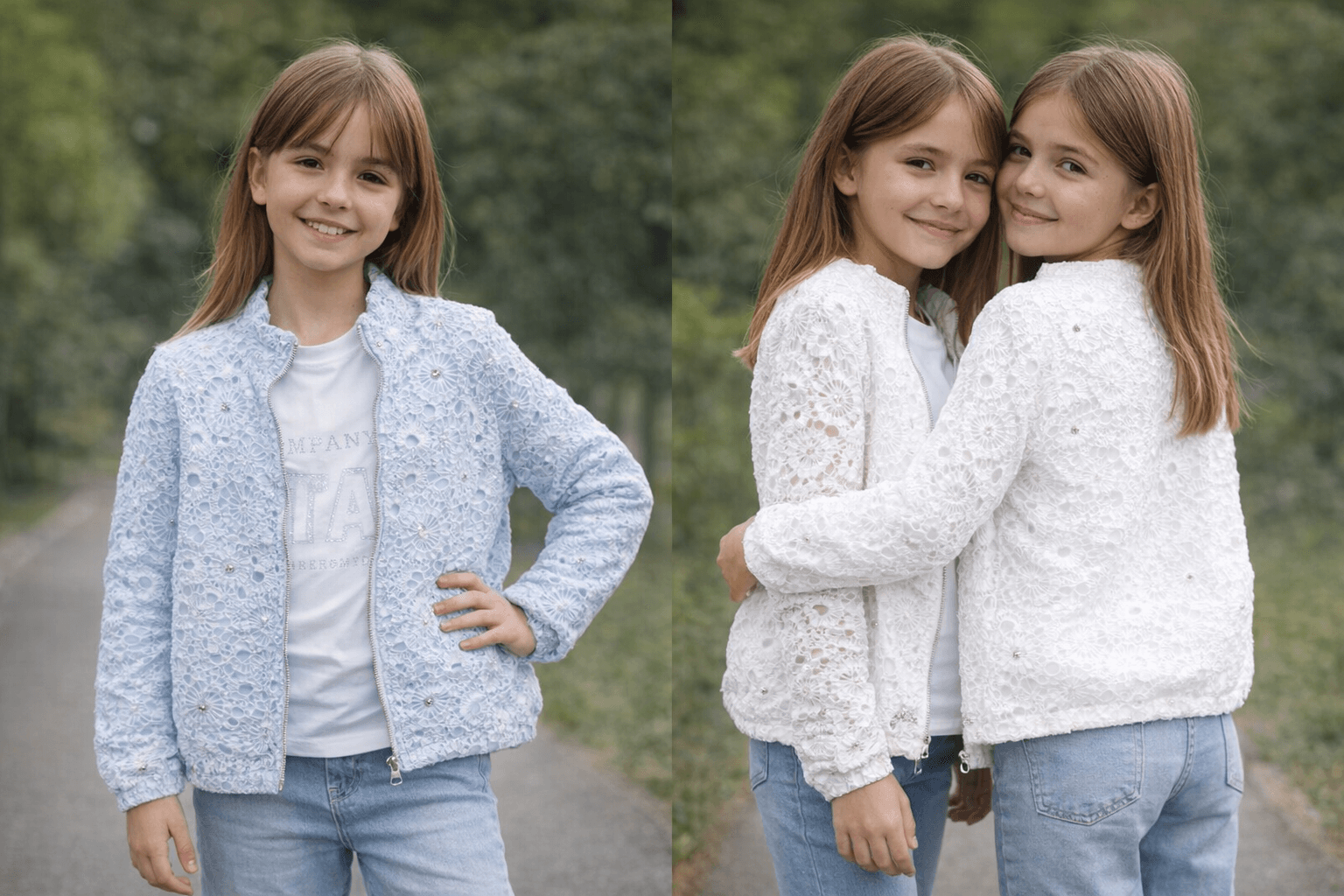 AI generated: A complete image of two girls of 11 years wearing this clothes with different poses