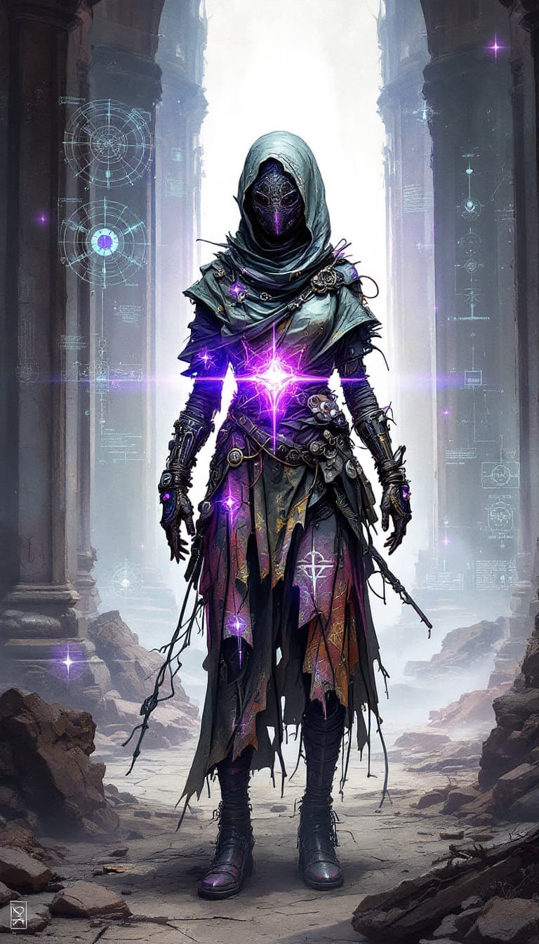 AI generated: Conceptual design: Cybernetic Heretic from the Fractured Faith. This rebellious graffiti-punk digita...