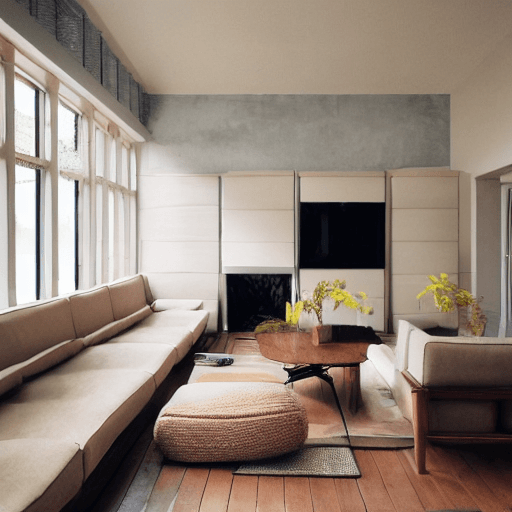 AI generated: high resolution photography interior design, dreamy sunken living room conversation pit, wooden floo...
