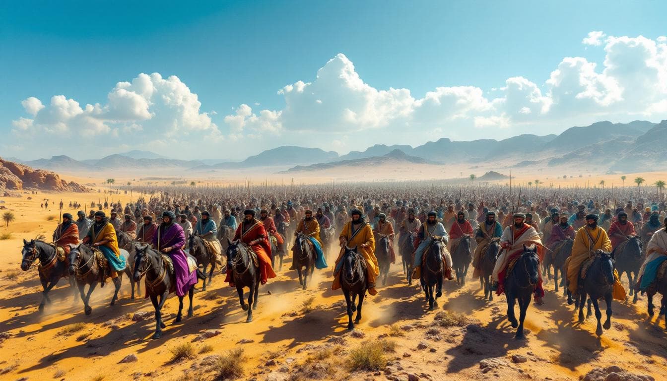 AI generated: A highly realistic panoramic image from above: In the vast desert, a large Meccan army marches in ho...