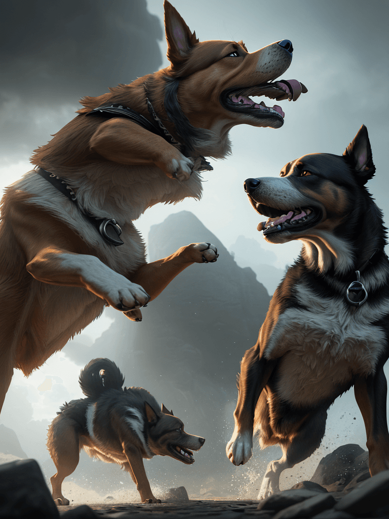AI generated: Photo of a ultra realistic two dogs fighting, dramatic light, cinematic lighting, battered, low angl...
