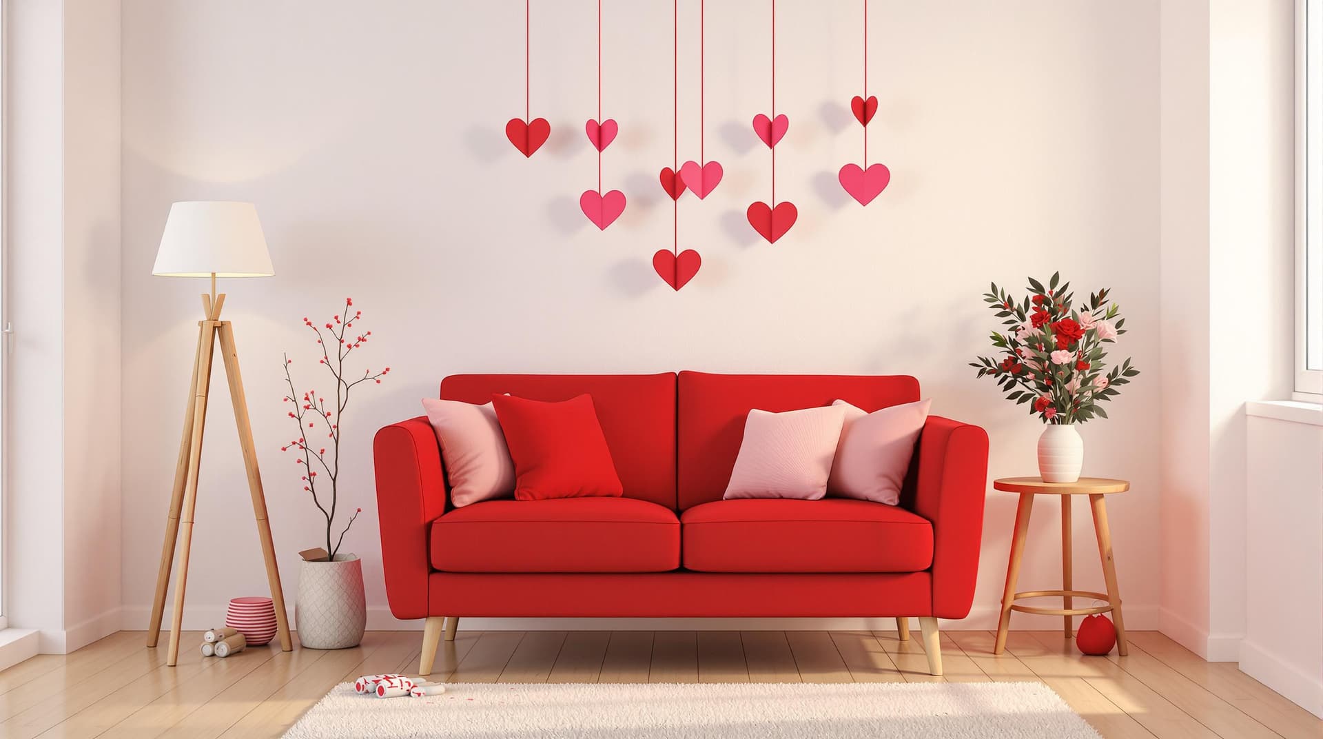 AI generated: Interior design, Valentine's Day theme, cozy living room, red loveseat sofa, heart-shaped pillows, h...