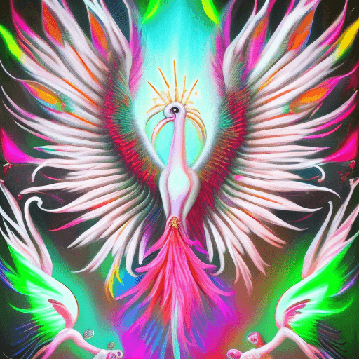 AI generated: white simurgh wings enfold neon madonna luminous escapes between the feathers