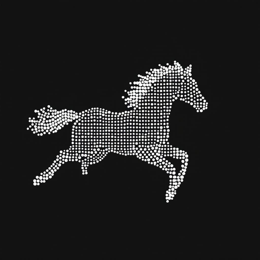 AI generated: 3-dimensional white dotted dots forming the shape of a running horse, 3-dimensional, vector illustra...