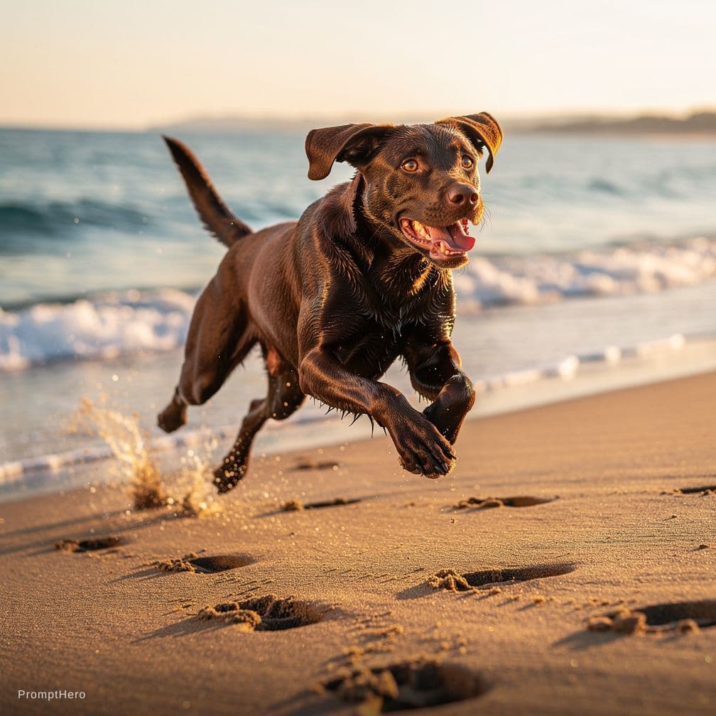 AI generated: labrador chocolate che gioca al mare

