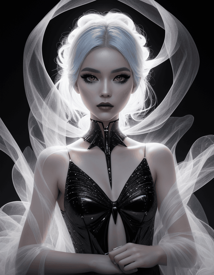 AI generated: Transparent girl glows like a lamp shining all over her skin especially her hair looks like living m...