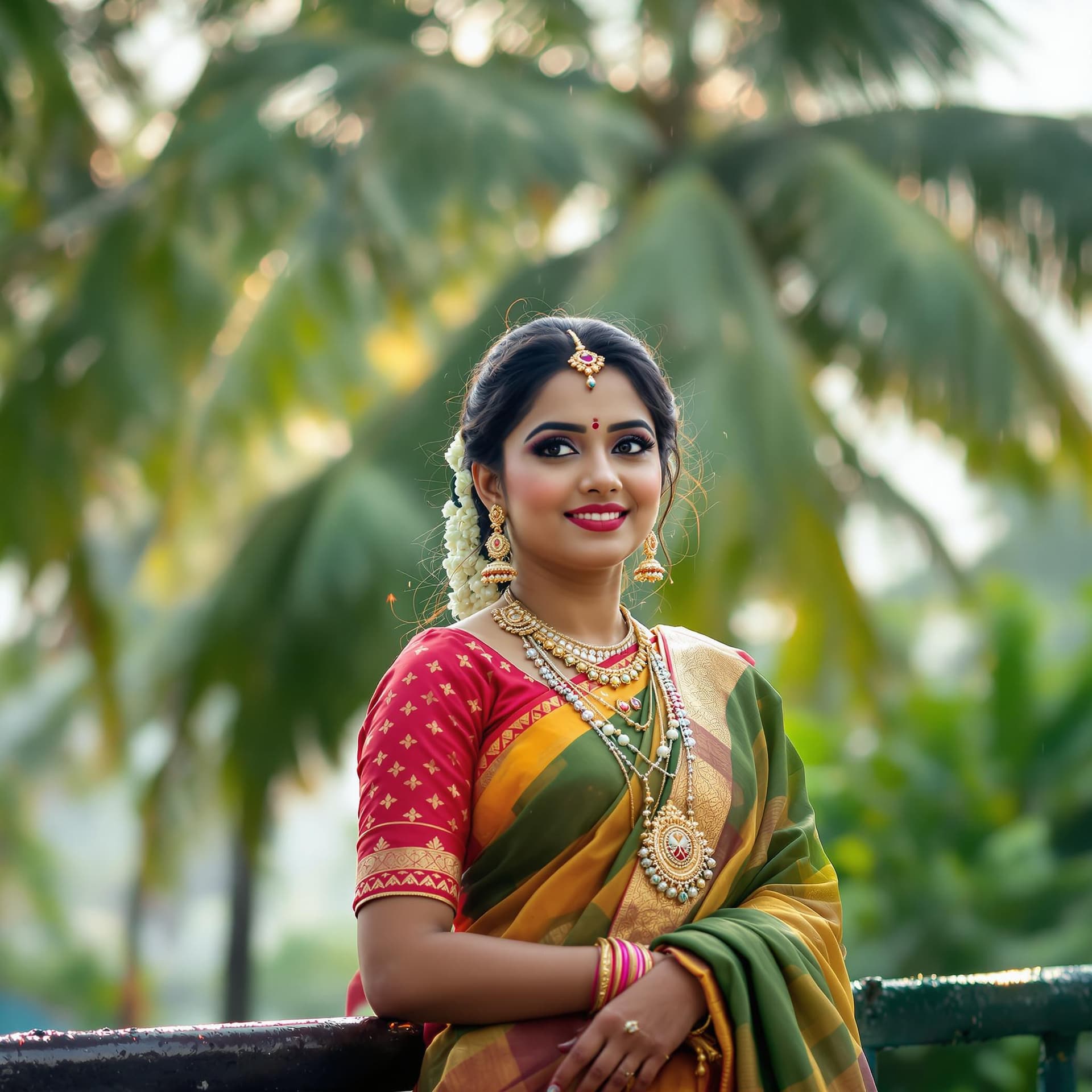AI generated: Indian woman posing for a photograph, showcasing a hot figure in a stylish saree and Indian jewelry....