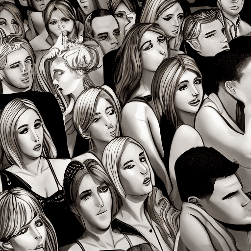 AI generated: Large curves blonde wife short dress uncomfortable in a crowded bus surrounded by men, high lights, ...