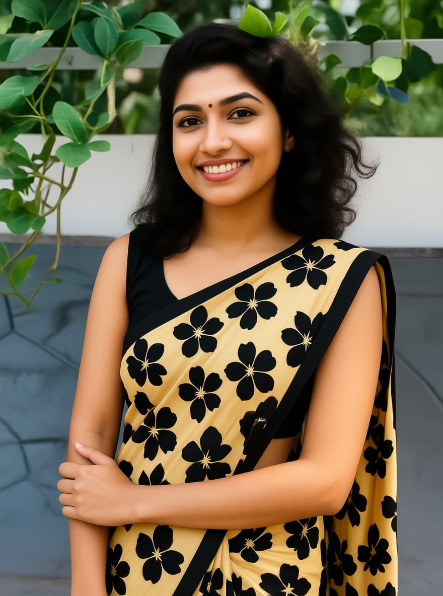 AI generated: The girl wearing black sleeveless blouse and sed saree with black flowers