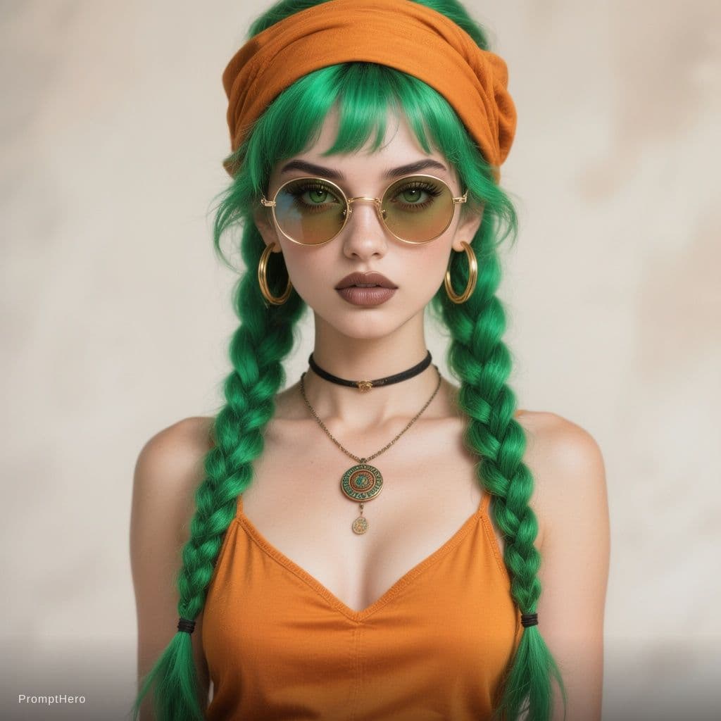 AI generated: A stunning portrait captures a gorgeous stylish young woman with striking emerald green hair styled ...