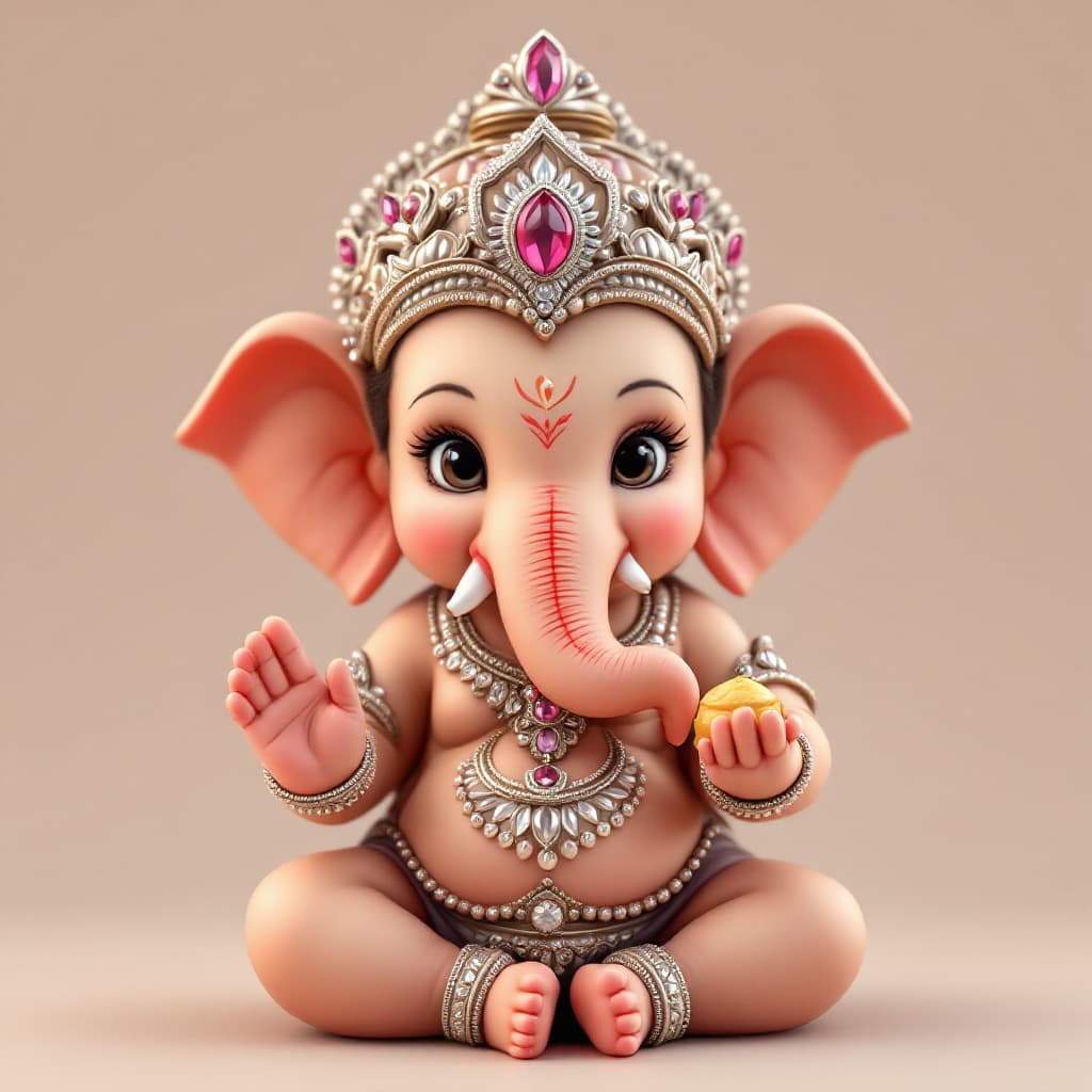 AI generated: full body highly detailed and ultra-realistic image of a baby Ganesha idol, designed with a soft, an...