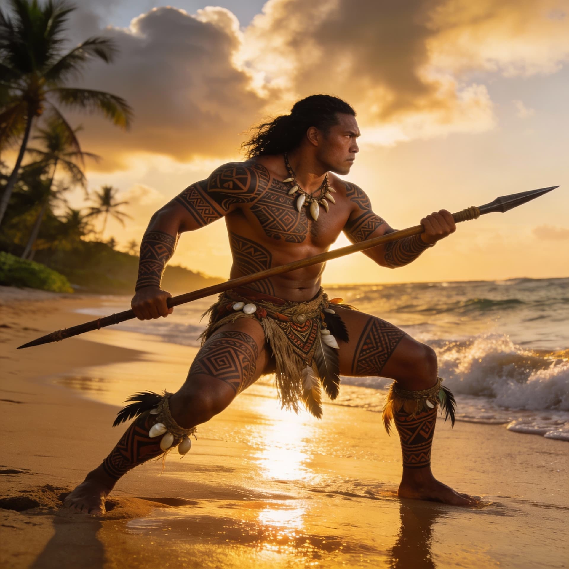 AI generated: Ultra-realistic photograph of a Polynesian warrior in a powerful combat stance on a tropical beach a...