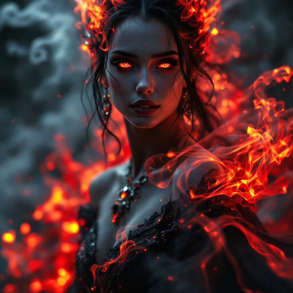 AI generated: In the center of the frame stands a sultry divine element, her skin aglow with ethereal light, her e...