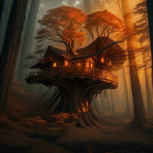 AI generated: treehouse , in fall, warm volumetric lighting, glowing, magical, dense forest, ultra wide lens, surr...