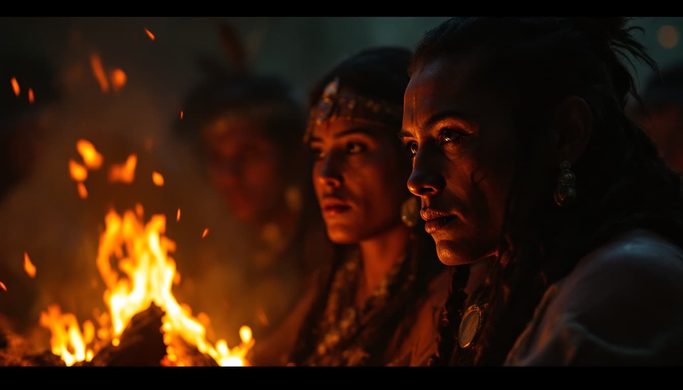 AI generated: The yellow and red glow of the fire reflecting on people's faces.

. Native Americans are gathered. ...