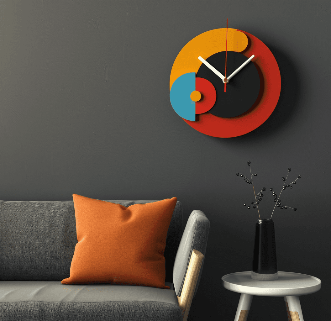 AI generated: an empty wall with a multi colored clock on it, in the style of midcentury modern, spherical sculptu...