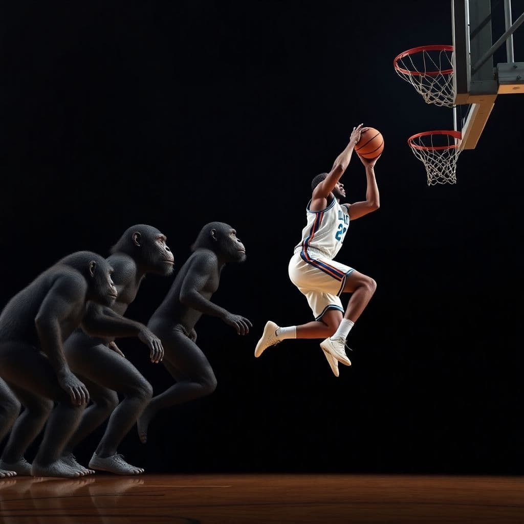 AI generated: visualization of human evolution, transitioning from apes to white basketball players, with the fina...