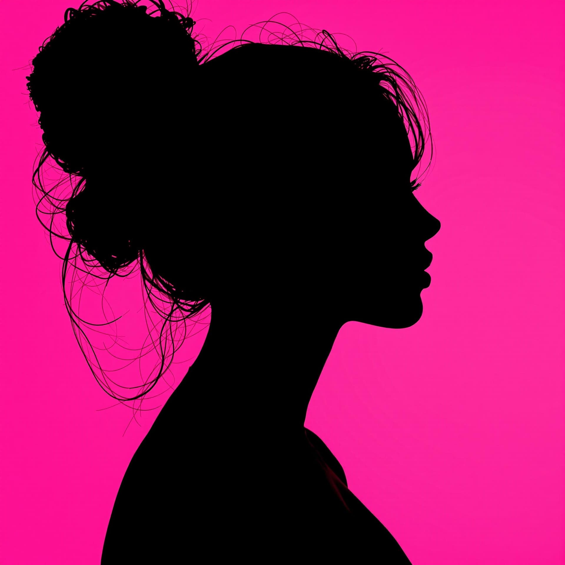 AI generated: photography, portrait of contrast, profile silhouette of a woman, vibrant hot pink backdrop, visuali...
