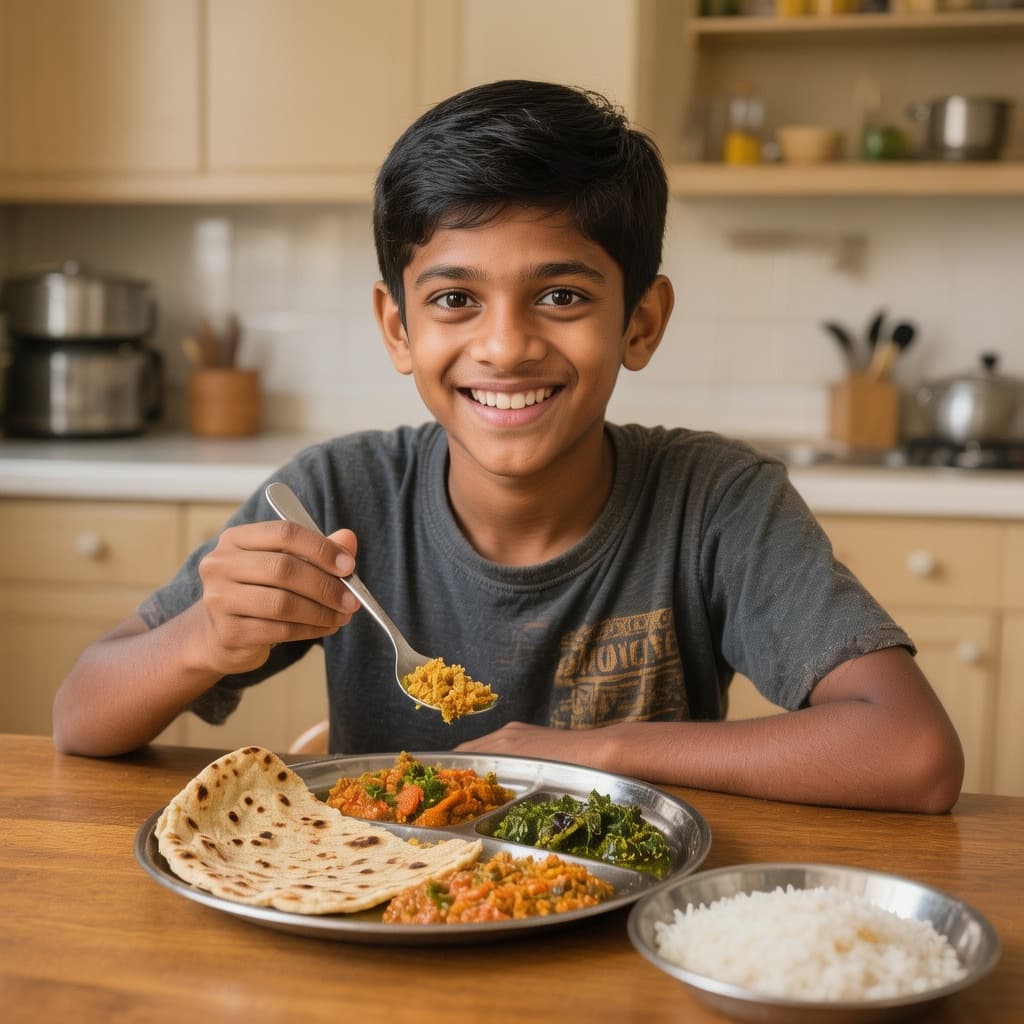 AI generated: A cheerful Indian teenage boy, around 13–15 years old, medium brown skin, expressive eyes, short nea...