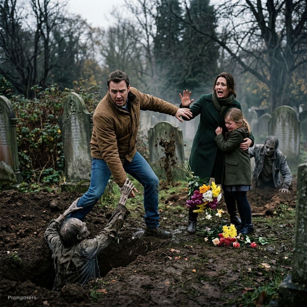 AI generated: The dead rise from the ground. The to family that came with flowers are frightend to death.the fathe...
