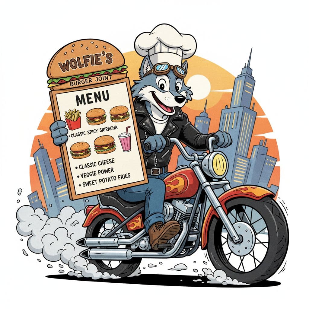 AI generated: Un dibujo animado en una moto presentando un  menu de hamburguesas