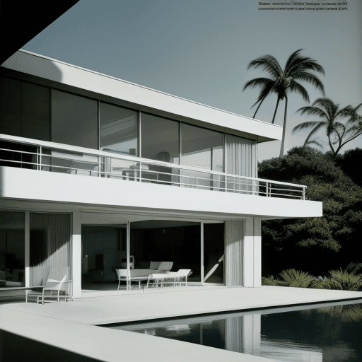 AI generated: Hyper realistic eye level exterior photo of a mid century modern style house overlooking the ocean, ...