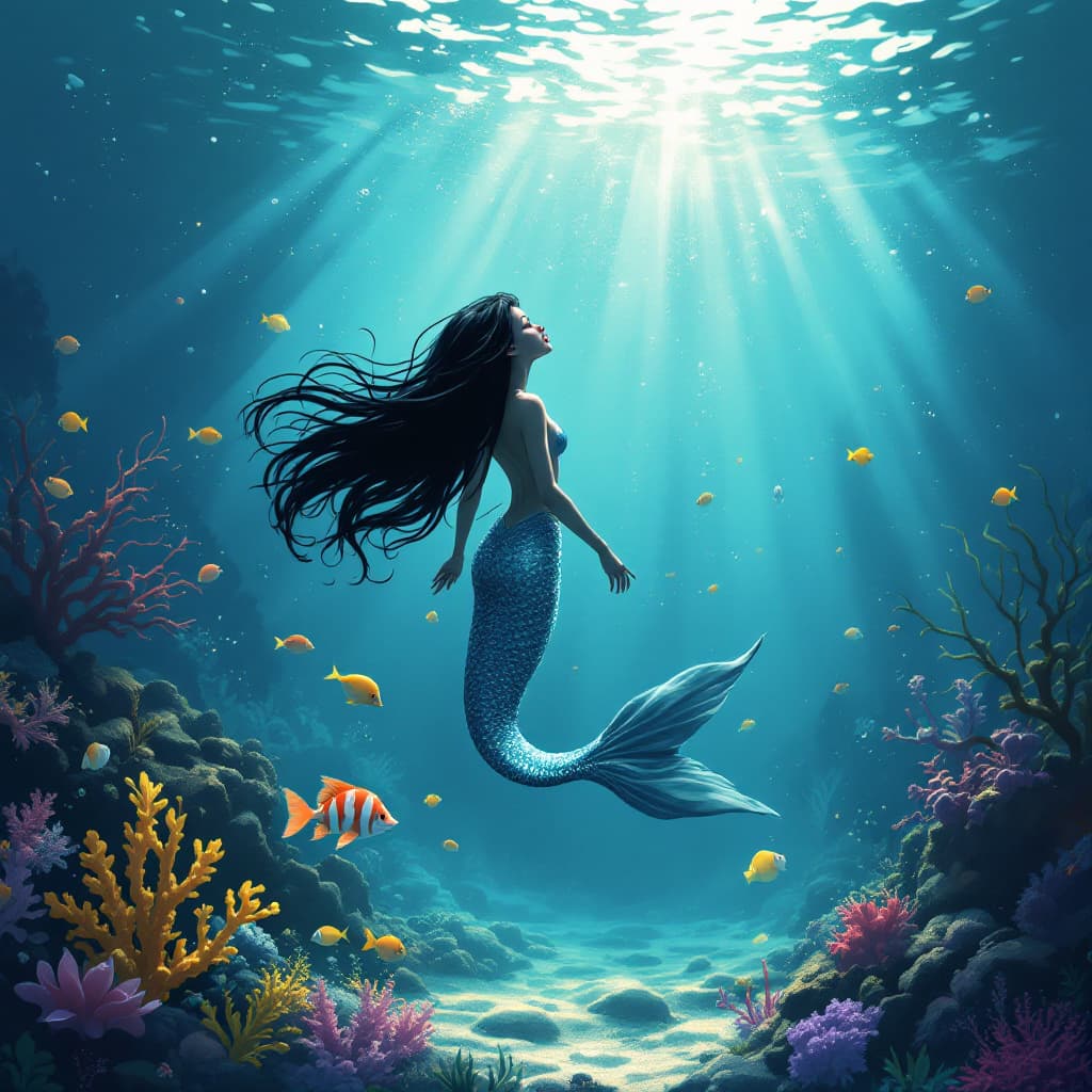 AI generated: A mermaid in the depth of the beautiful azure ocean. She's drawn in anime style. The volumetric ligh...