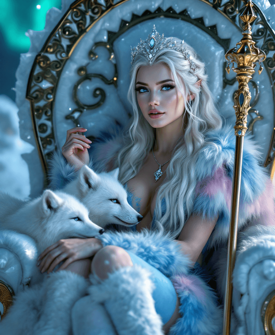 AI generated: 4K, magazine photo shoot quality image of a beautiful 23-year-old platinum blonde ice queen with bea...