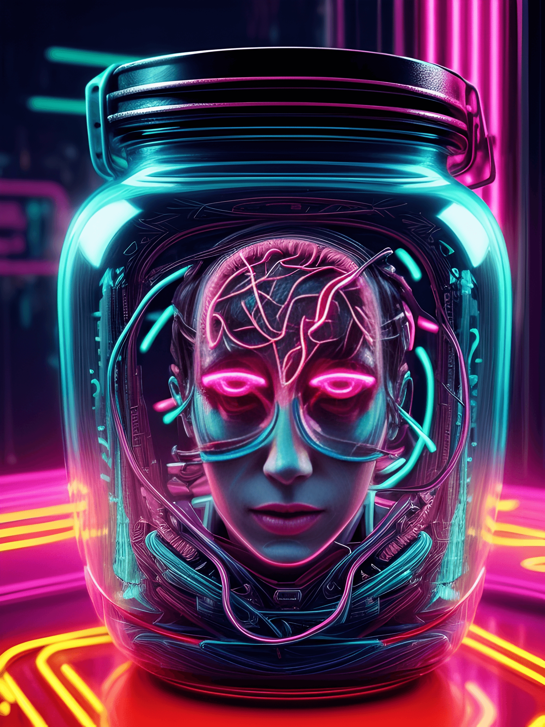 AI generated: neonpunk style, a human brain, growing in a jar, surrealist, neon, vibes, vibrant, stunningly beauti...