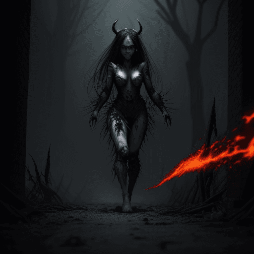 AI generated: Imagine a demon woman, the very essence of evil. Her attire is something out of a horror movie, made...