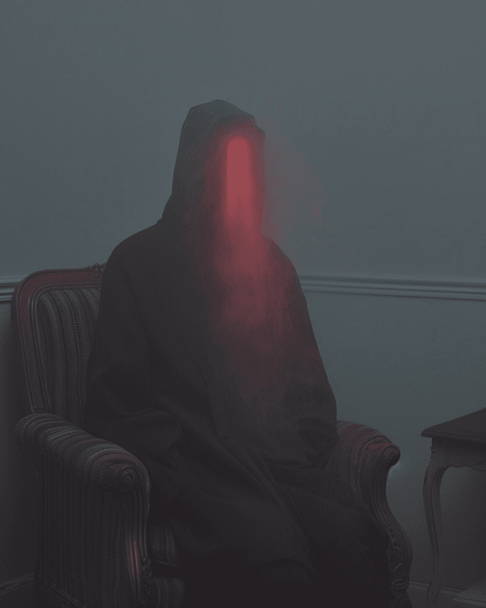 AI generated: a black coats with long pink chromatic head electrocuted the soul sitting on a vintage couch. A dark...