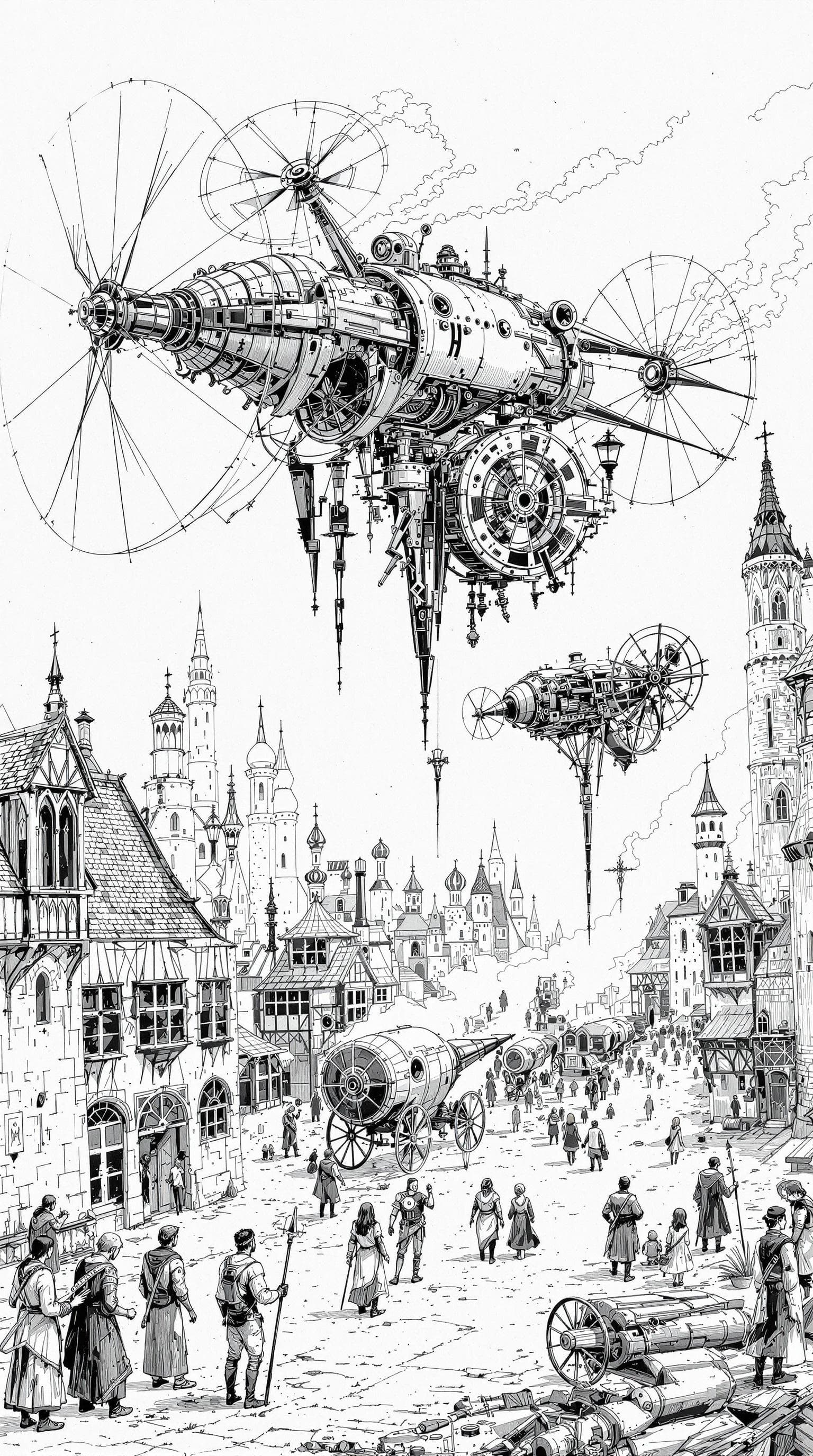 AI generated: Medieval scene, detailed pencil and ink sketch of what life may be like in the future from a 16th ce...