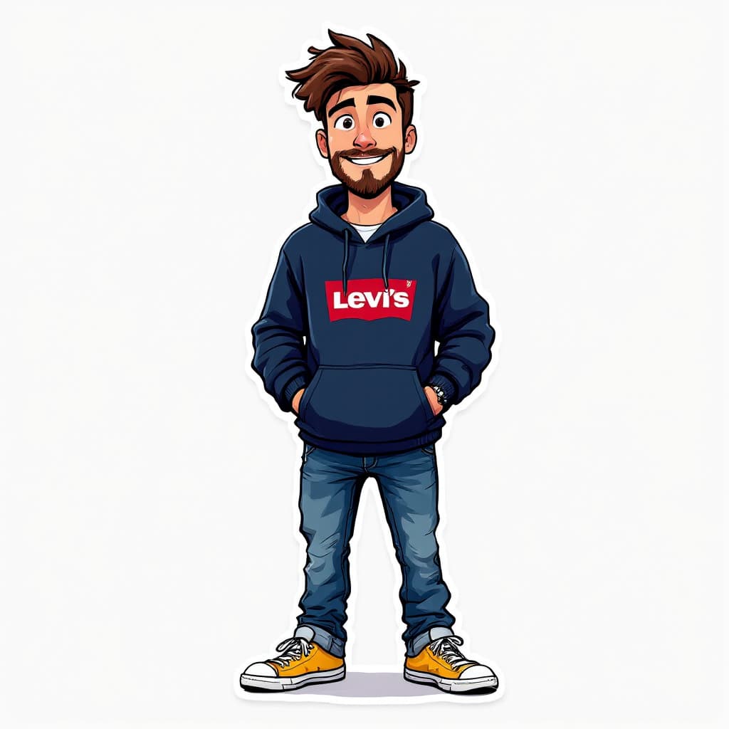 AI generated: A full body illustration of an animated cartoon portrait of a young man with brown hair and a two-da...