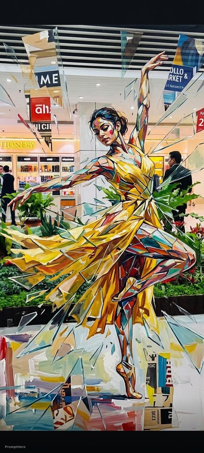 AI generated: a painting of a woman wearing a yellow dress, in the style of joram roukes, dance, neil gaiman, grac...