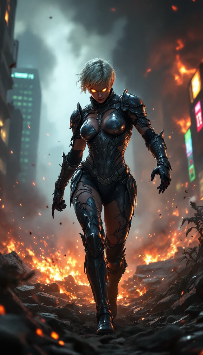 AI generated: fighting , glowing eyes, short hair, torn tight super suit, in a destroyed city, smoke and fire, glo...