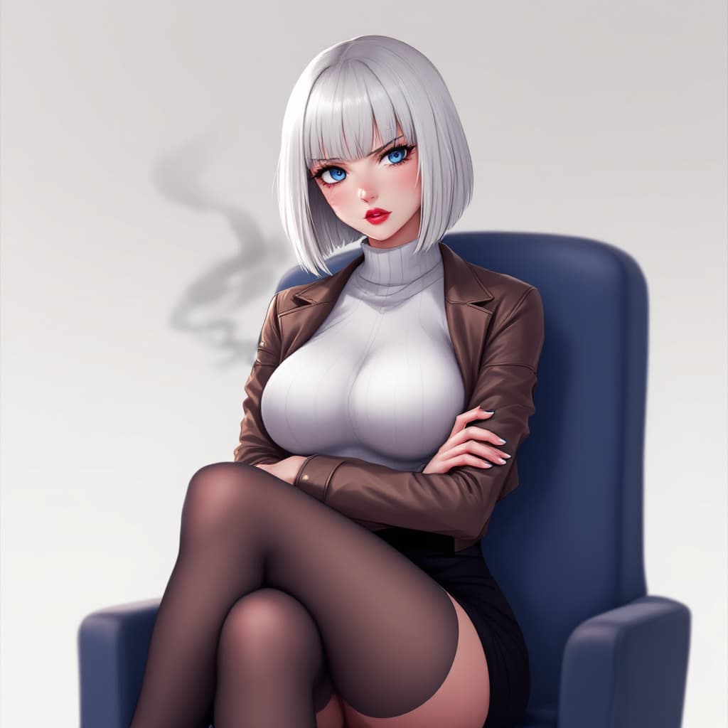 AI generated: anime, woman, white hair, bob cut, blue eyes, freckles, red lips, white turtle neck sweater, tight t...
