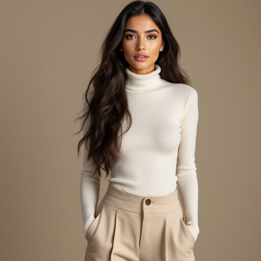 AI generated: A 25-year-old Middle Eastern woman with olive skin, long dark brown wavy hair, wearing a cream turtl...