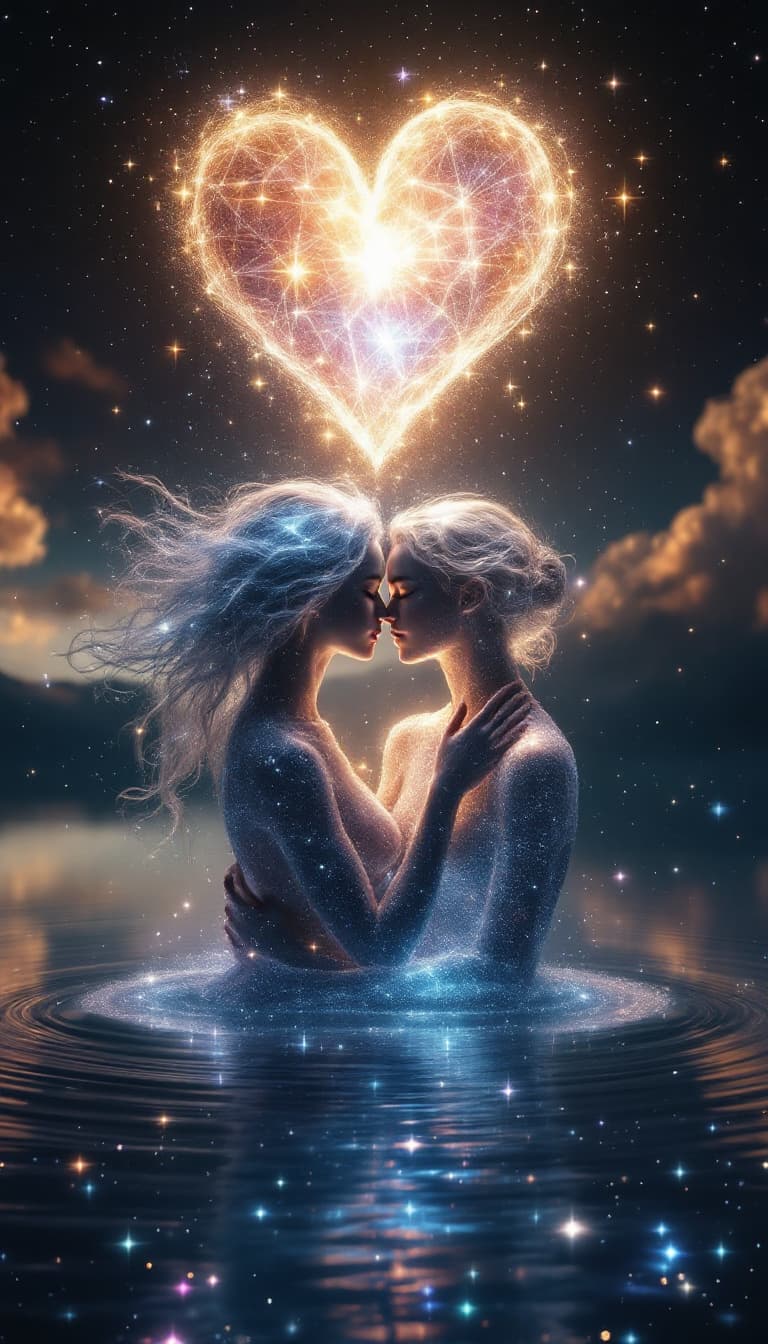 AI generated: Two ethereal figures entwined in a celestial embrace float above a mirrored cosmic lake, their bodie...
