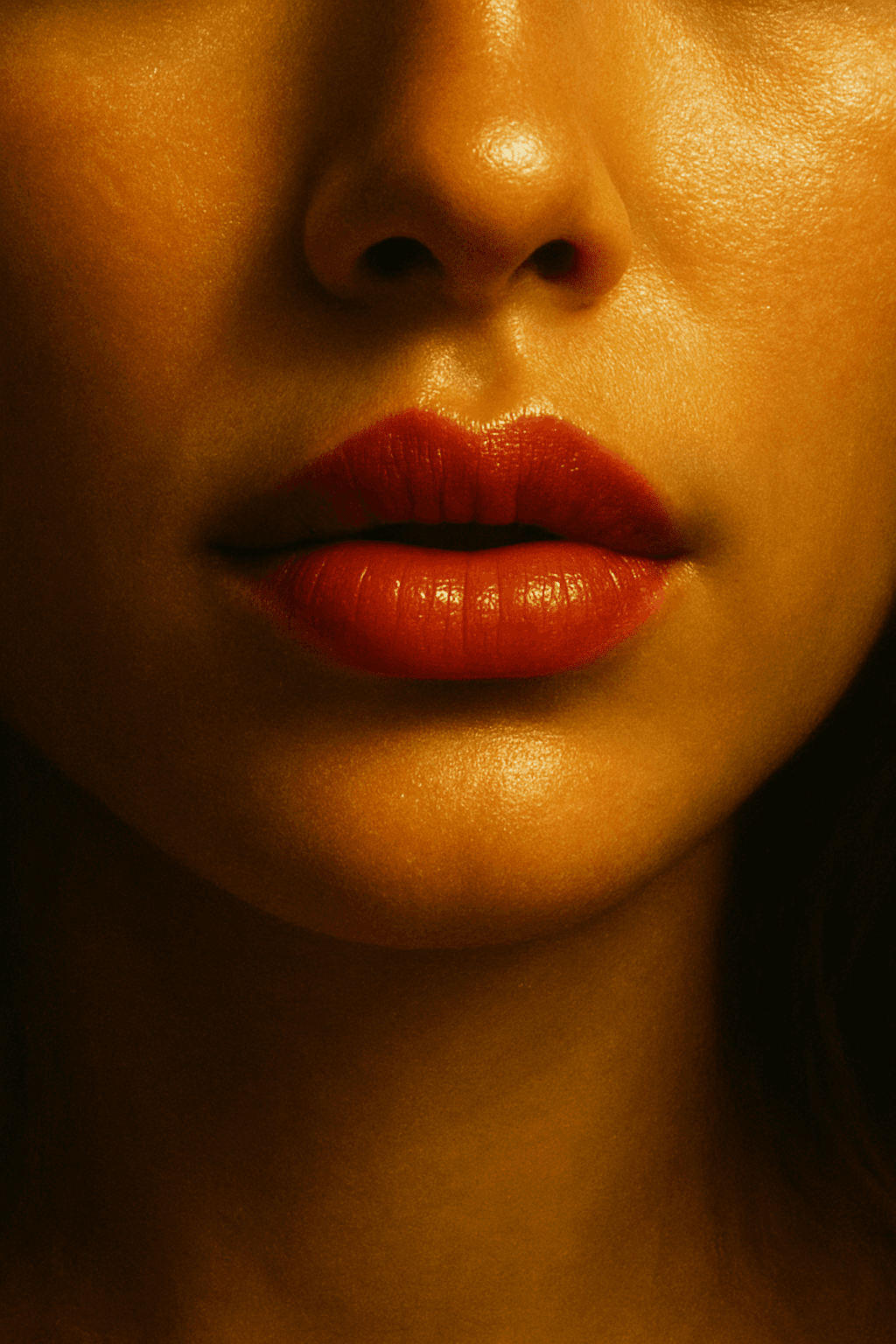 AI generated:  Close-up focus on a young woman’s lips and skin textures. The composition highlights luminous golde...