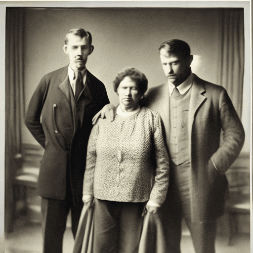 AI generated: a man stands facing the camera, behind the man are his parents - his mother on the left, his father ...