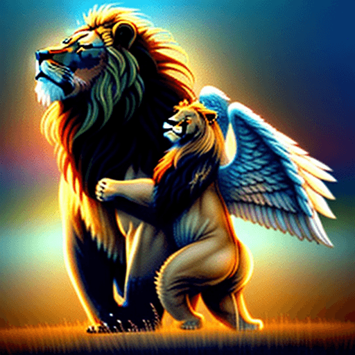 AI generated: A beautiful lion with angel wings hugging a grizzly bear