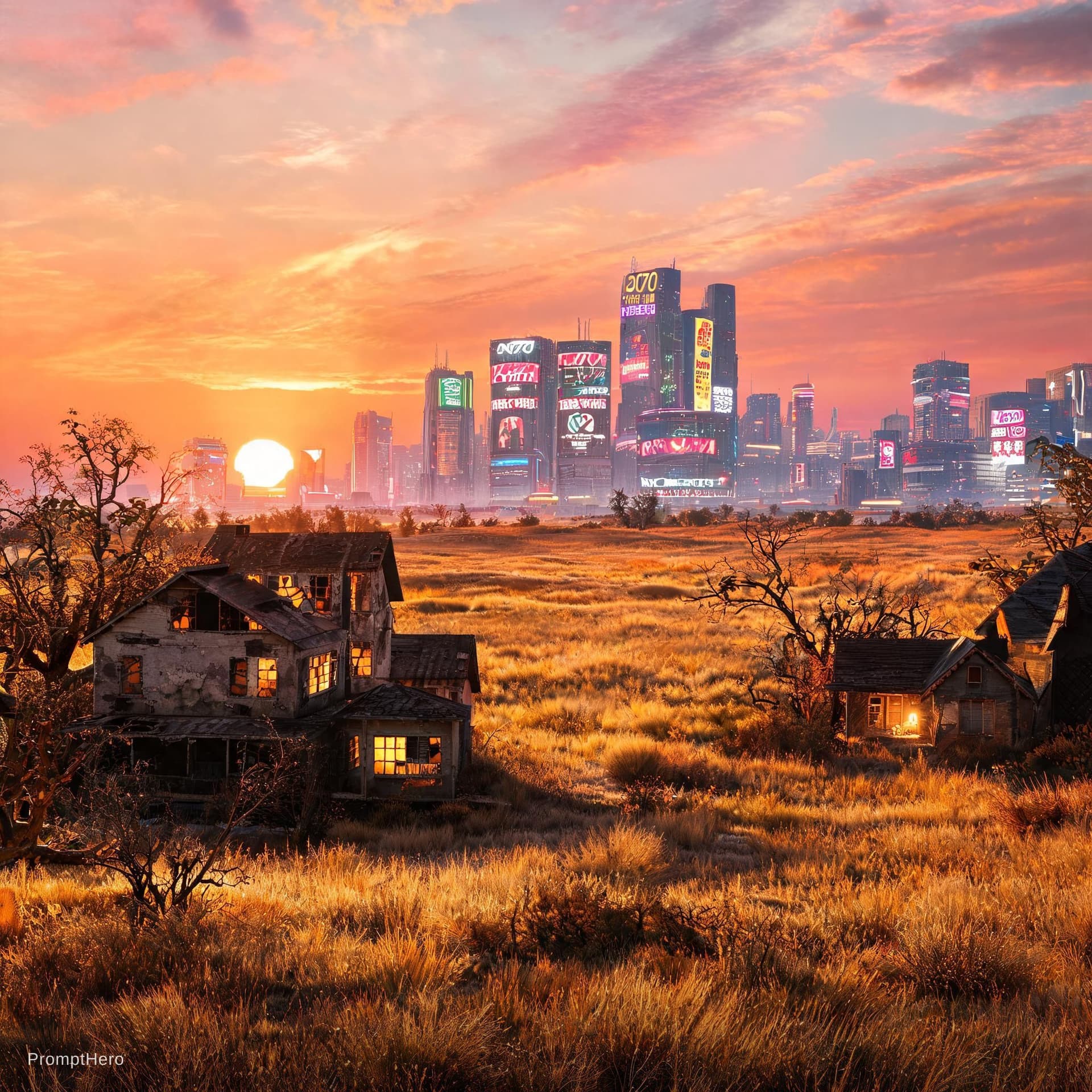 AI generated: So the landscape is meadows and a few trees and full of abandoned houses and lights like the Sahara ...