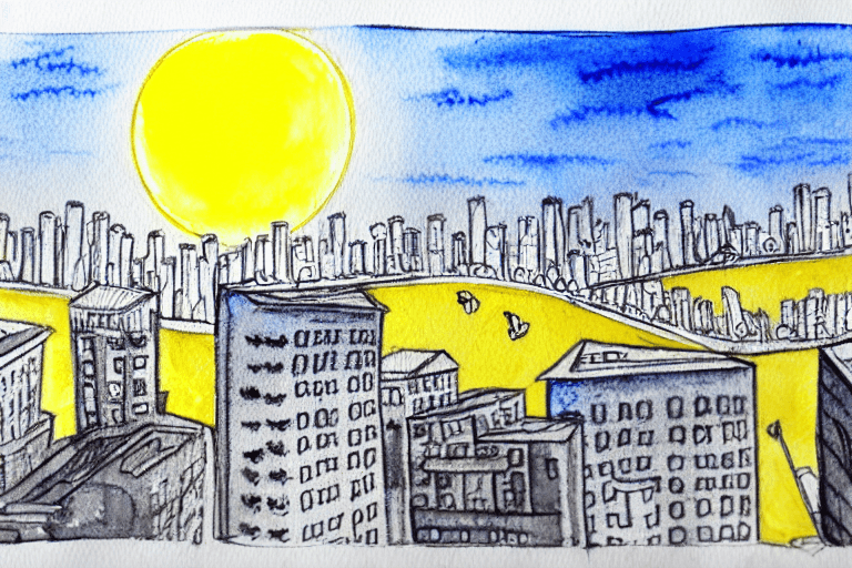 AI generated: sun comes out on a beautiful day over a city, watercolor and pencil black and white and yellow