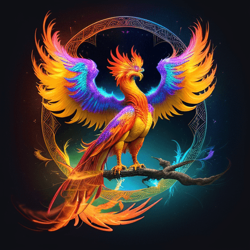 AI generated: Create a digital illustration that captures the majesty of a mythical phoenix adorned with iridescen...