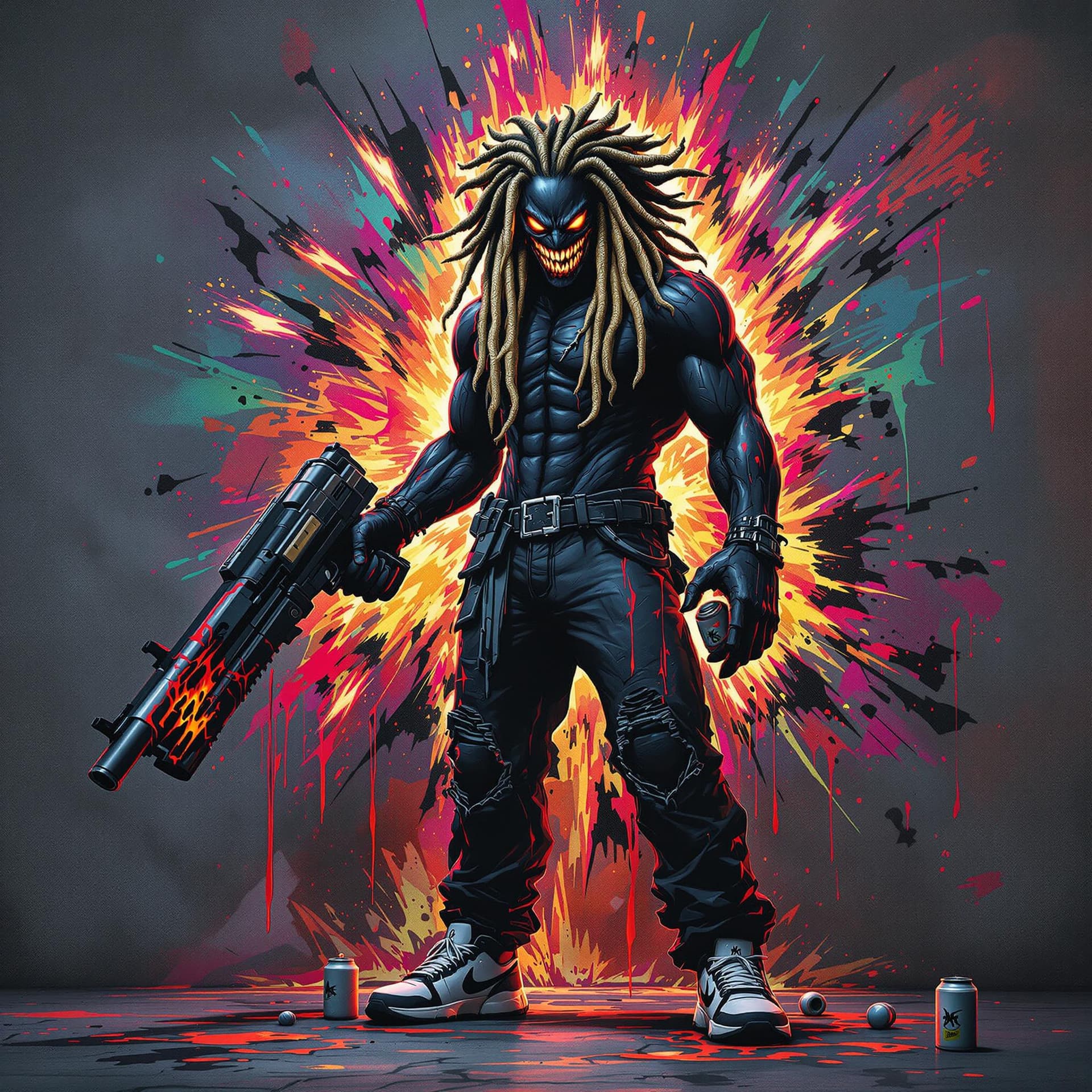 AI generated: front view of an evil graffiti anime style character with really dark coal black skin and glowing ey...