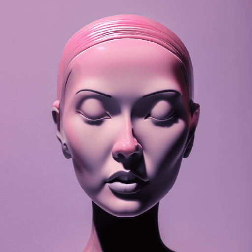 AI generated: woman bionic ceramic glossy pink face sculpture, pushed out of the background, front view, brightly ...