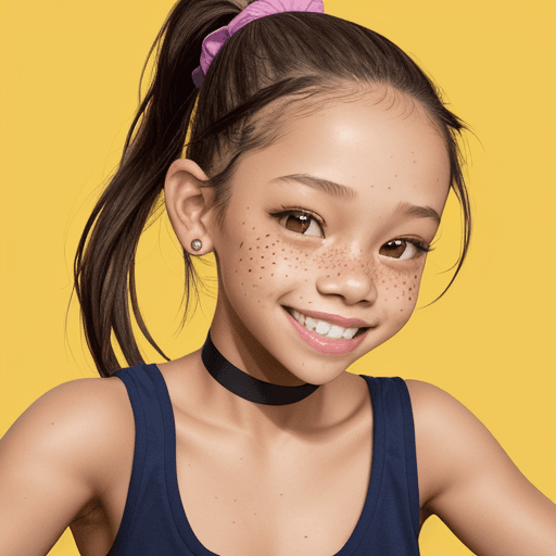 AI generated: Jenna Ortega, smiling, biting lip, big boobs, wearing tank top, ponytail, freckles, choker, hand beh...